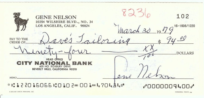 Gene Nelson Signed Autographed Bank Check Actor Director 1979 JSA II35676