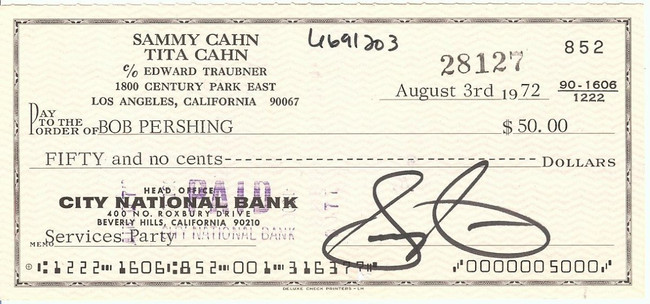 Sammy Cahn Signed Autographed Bank Check Music Legend 1972 JSA II35604