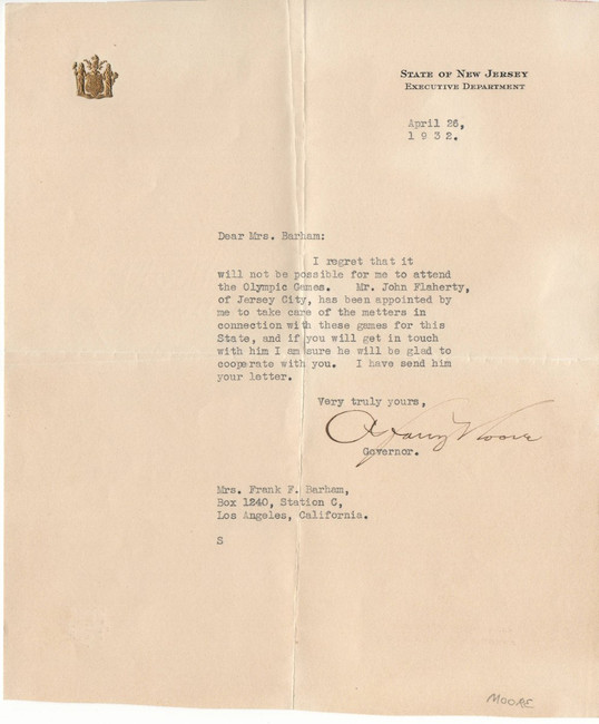 A. Harry Moore Autographed Personal Letter New Jersey Governor 1932 JSA II59933