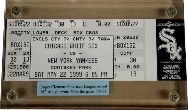 Roger Clemens Unsigned Full Ticket 18th Straight Win 5/22/99 Yankees