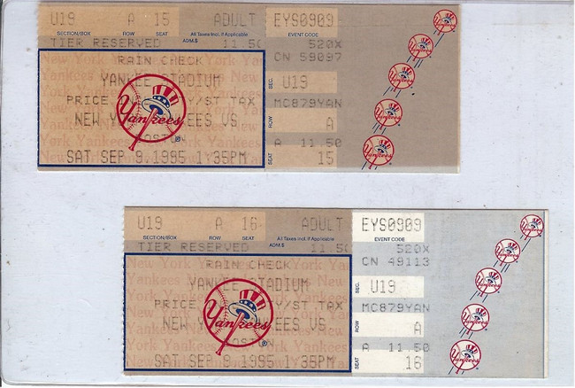 NY Yankees Boston Red Sox Unsigned Ticket Stubs (2) 9/9/1995 Yankees Win 9-1