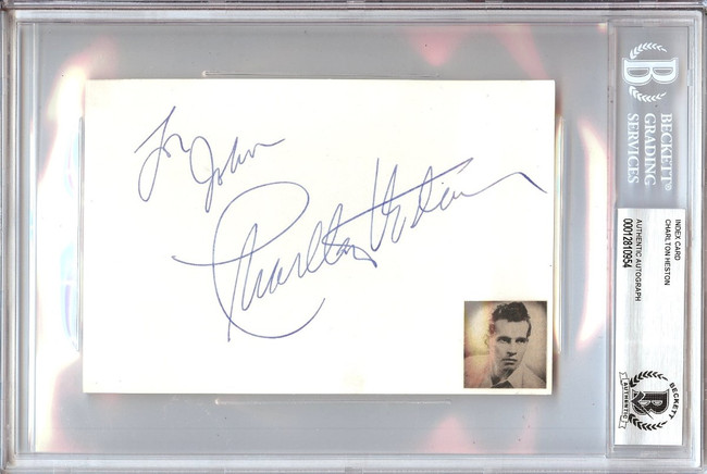 Charlton Heston Signed Autographed 4X6 Index Card Planet of the Apes Beckett BGS