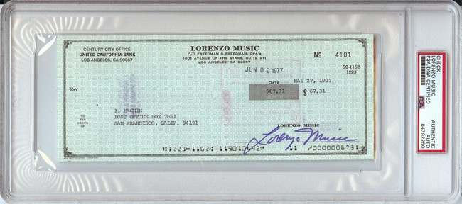 Lorenzo Music Signed Autographed Bank Check Writer Actor PSA/DNA Slabbed