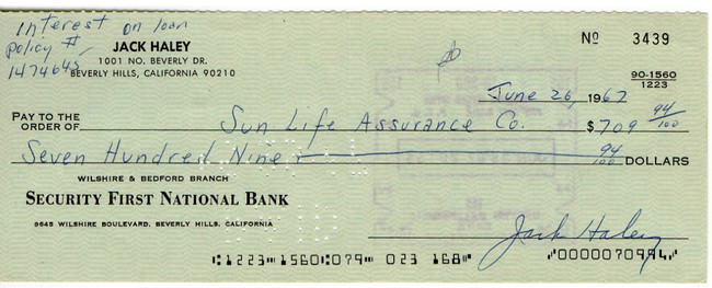 Jack Haley Signed Autograph Bank Check Wizard of Oz Tin Man 2/26/67 JSA VV85848