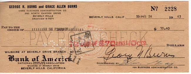 George Burns Signed Autographed Bank Check Comedy Legend 3/24/1943 JSA VV85857