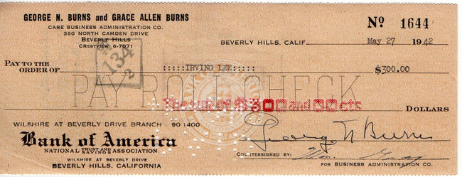 George Burns Signed Autographed Bank Check Comedy Legend 5/27/1942 JSA VV85879