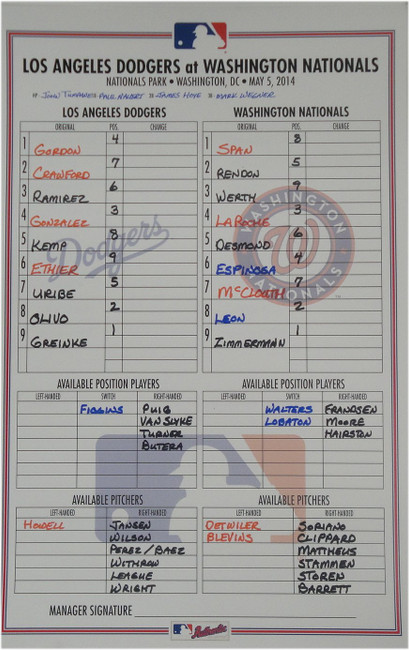 May 5th, 2014 Washington Nationals VS Dodgers Line Up Card Greinke Zimmerman