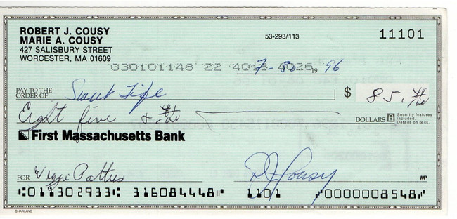 Bob Cousy Signed Autograph Personal Bank Check Boston Celtics #11101 JSA AC71369