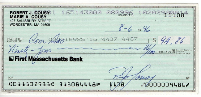 Bob Cousy Signed Autograph Personal Bank Check Boston Celtics #11108 JSA AC71372