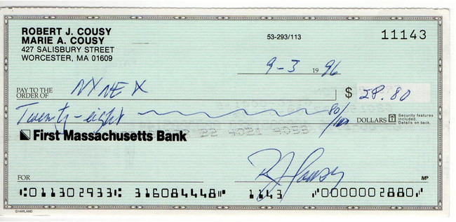 Bob Cousy Signed Autograph Personal Bank Check Boston Celtics #11143 JSA AC71378