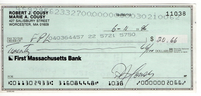 Bob Cousy Signed Autograph Personal Bank Check Boston Celtics #11038 JSA AC71340