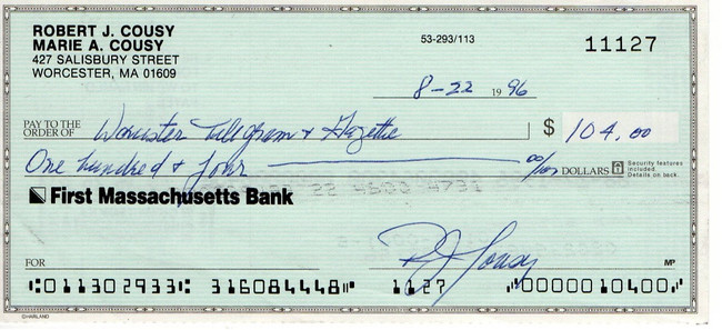 Bob Cousy Signed Autograph Personal Bank Check Boston Celtics #11127 JSA AC71341