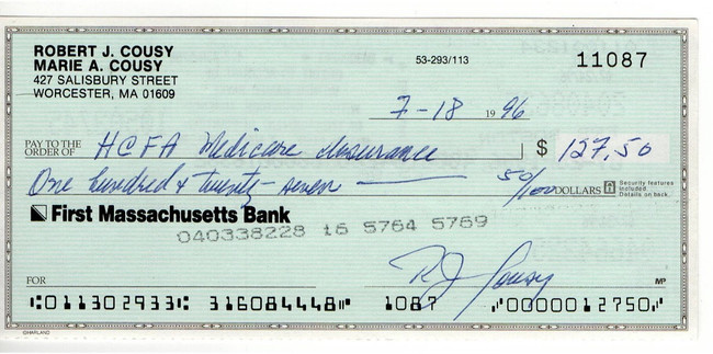 Bob Cousy Signed Autograph Personal Bank Check Boston Celtics #11087 JSA AC71342