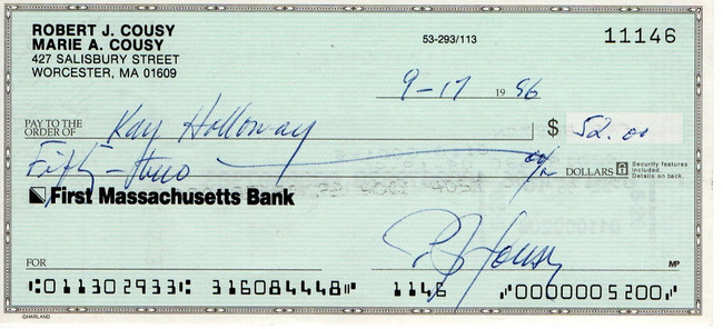 Bob Cousy Signed Autograph Personal Bank Check Boston Celtics #11146 JSA AC71346