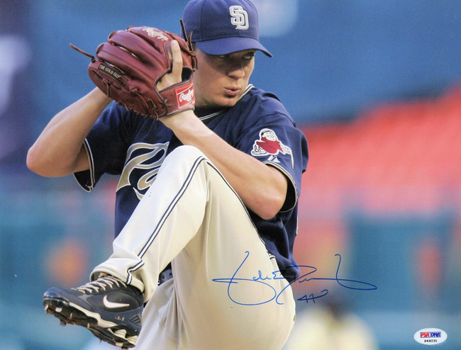 Trevor Hoffman Autographed 11X14 Photo Padres Holding Trophy to Noah PSA  P49240 - Cardboard Legends