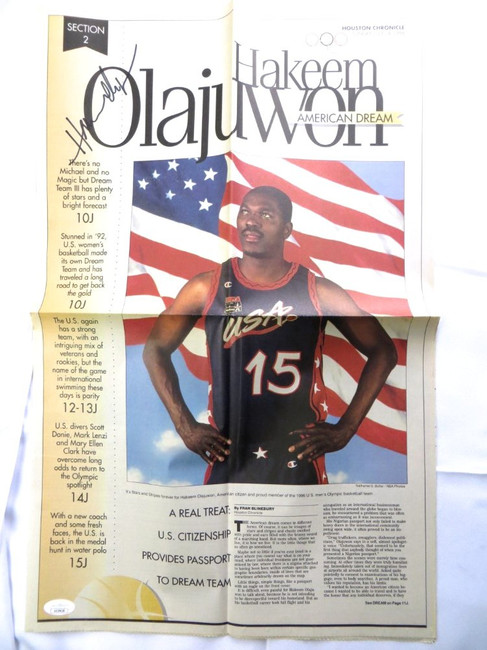 Hakeem Olajuwon Autographed Newspaper Article Rockets Team USA 1996 JSA AG39628