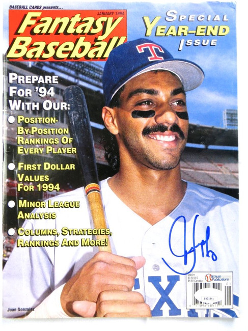 Juan Gonzalez Autographed Magazine Fantasy Baseball 1994 Rangers JSA AH04551