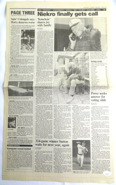 Phil Niekro Autographed Newspaper Article Hall of Fame Call 1997 JSA AH03458