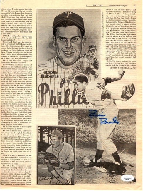 Robin Roberts Signed Autographed Newspaper Article Phillies 1991 JSA AH03392