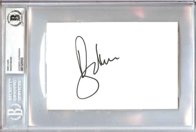 Roger Moore Signed Autographed Index Card James Bond 007 BAS Encapsulated