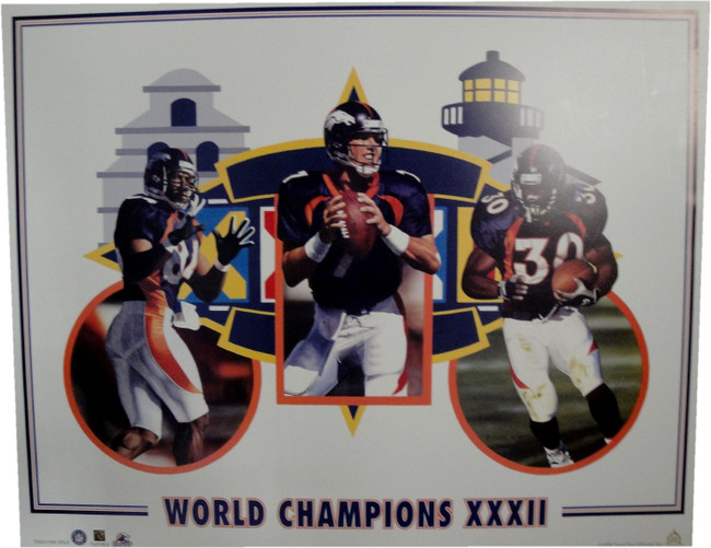 Denver Broncos John Elway Terrell Davis World Champions XXXII 19x24 Poster Litho