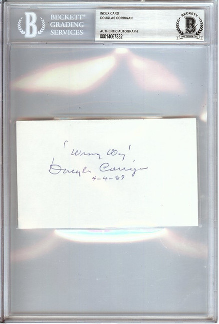 Douglas Corrigan Signed Autograph Index Card Aviator "Wrong Way" Beckett Encased