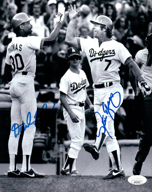 Steve Yeager Derrel Thomas Signed Autographed 8X10 Photo Doders High Five JSA
