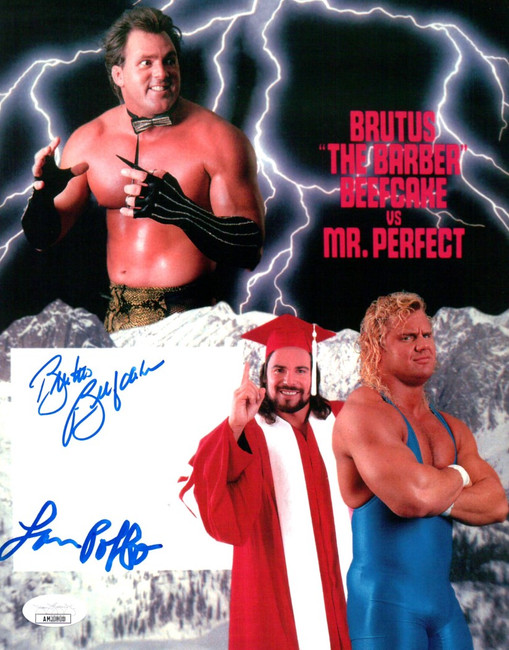 Leaping Lanny Poffo Brutus Beefcake Dual Signed Autographed 8X10 Photo WWF JSA