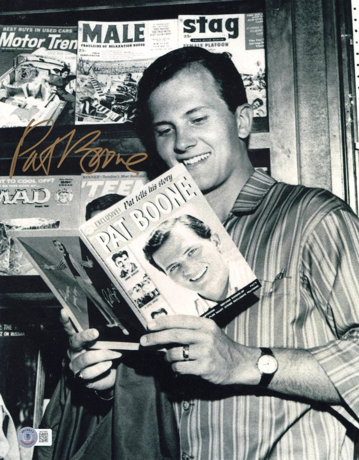 Pat Boone Signed Autographed 11X14 Photo Singer B/W Reading Magazine BAS BH27905