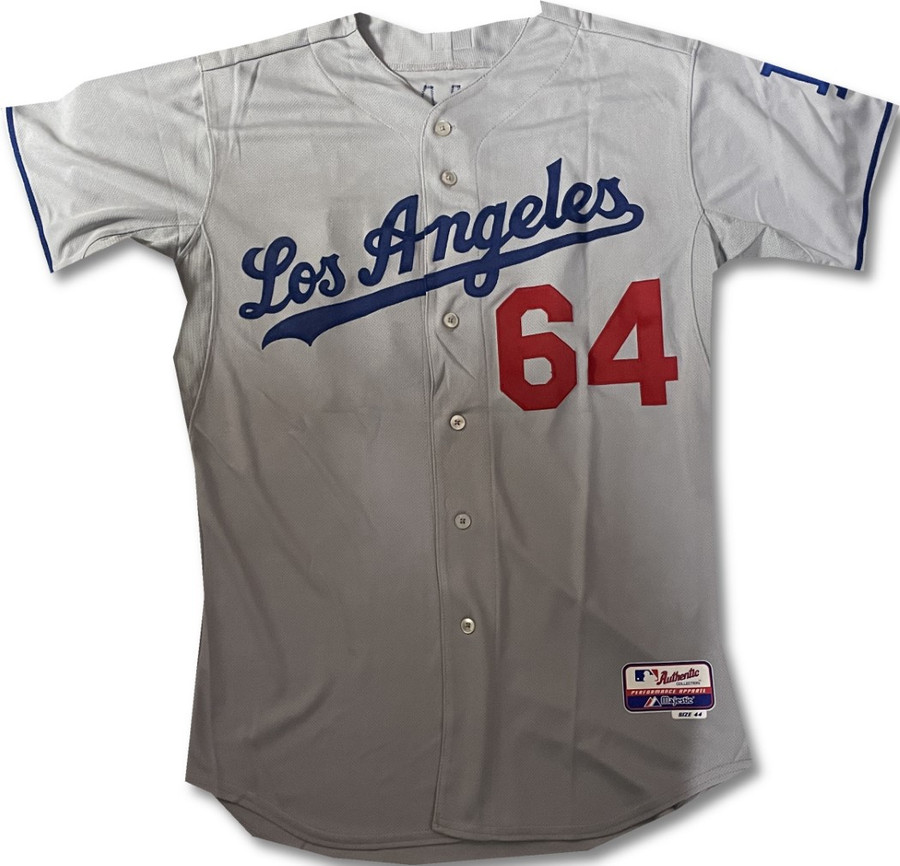 Glenn Dishman Team Issued Away Grey Majestic Jersey Dodgers L / Large MLB
