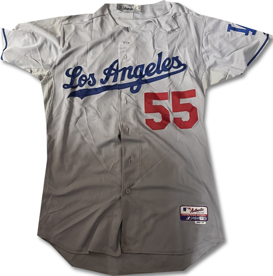 Skip Schumaker Team Issued Away Grey Majestic Jersey Dodgers TORN XL/Xlarge MLB