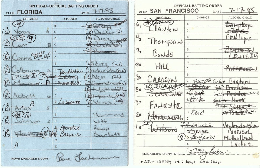 Dusty Baker Autographed Official Batting Line-Up Card 7/17/95 Giants vs Marlins