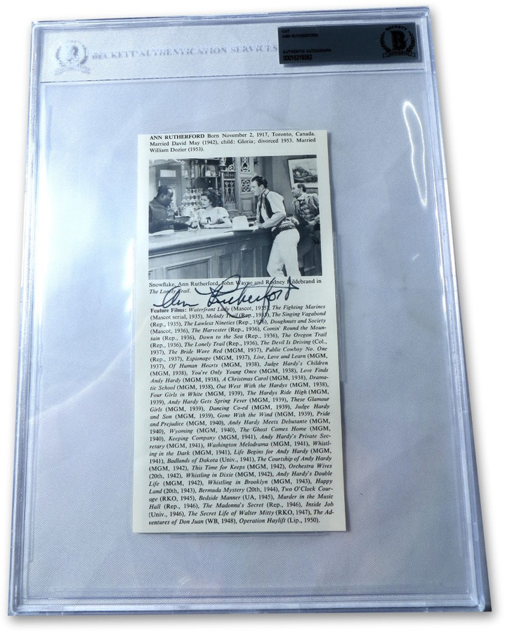 Ann Rutherford Signed Autograph Cut Signature The Lonley Trail BAS Encased 8582