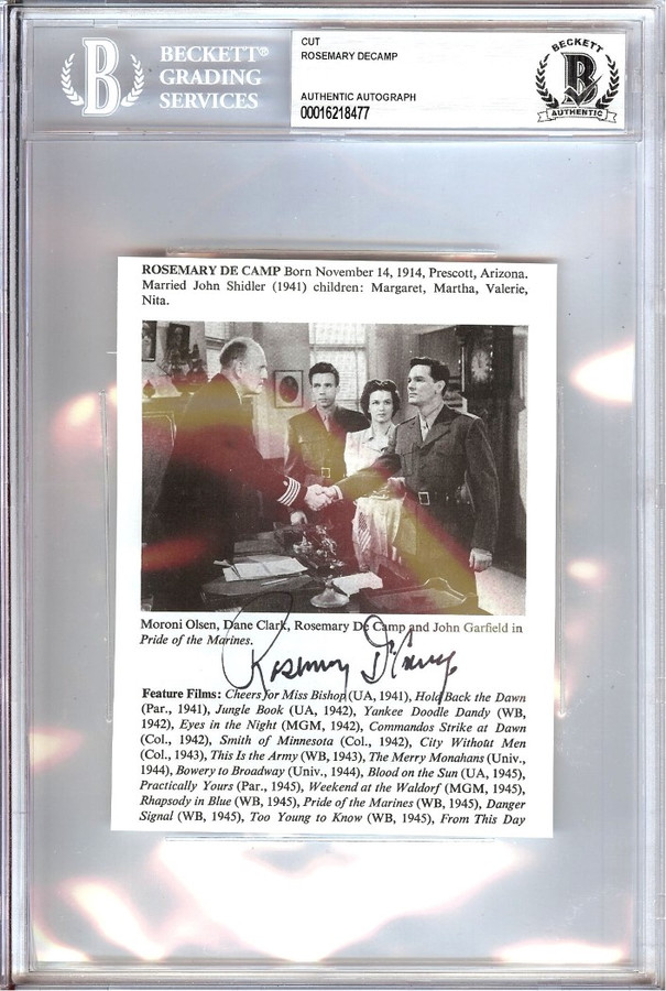 Rosemary DeCamp Autograph Cut Signature Pride of the Marines BAS Encased 8477