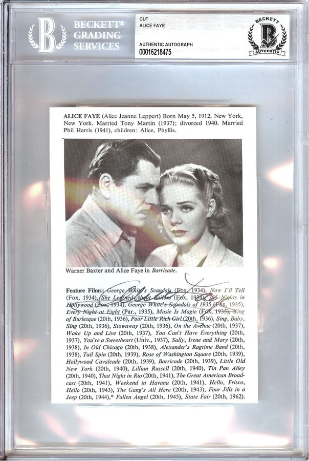 Alice Faye Signed Autograph Cut Signature Barricade Actress BAS Encased 8475