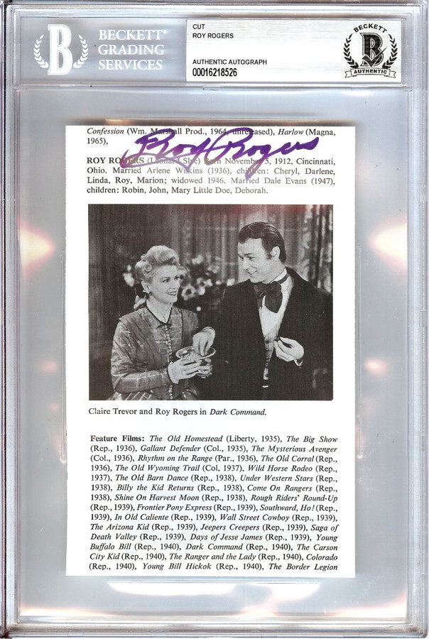 Roy Rogers Signed Autograph Cut Signature Dark Command BAS Encased 8526