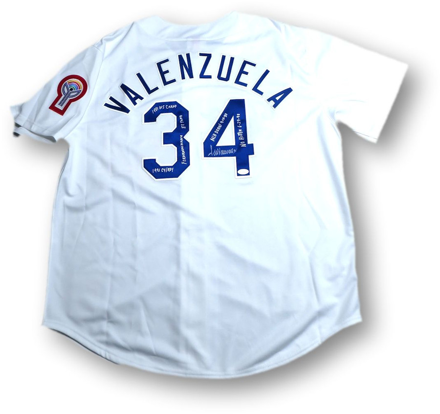 Fernando Valenzuela Signed Inscribed Full Stat Jersey Dodgers JSA WB509960