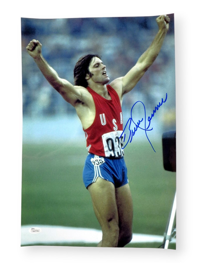 Bruce Jenner Signed Autographed 12X18 Photo Olympics Celebrating JSA K47770
