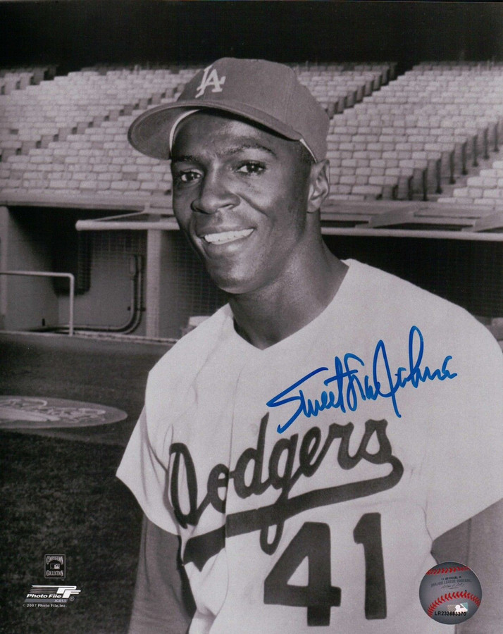 Sweet Lou Johnson Signed 8X10 Photo Autograph Dodgers B/W Blue Ink Auto w/COA
