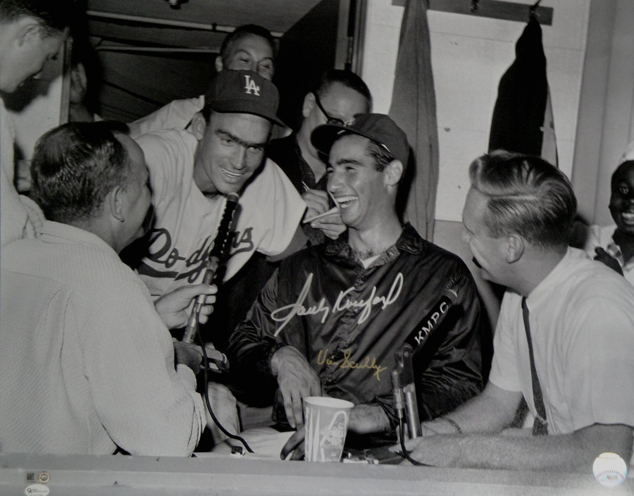 Vin Scully Sandy Koufax Dual Signed Auto 16x20 Photo MLB Press Box LA Dodgers OA