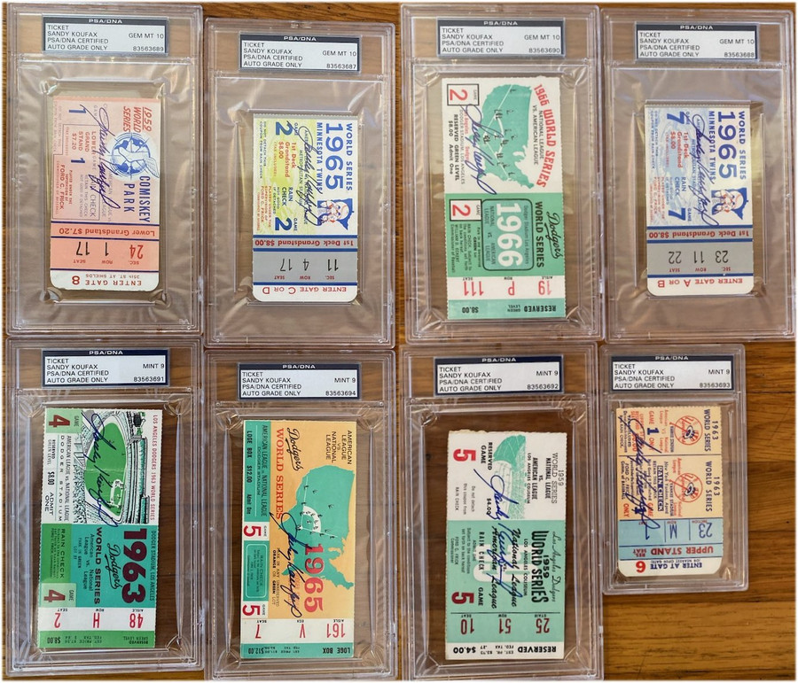 8x Sandy Koufax Signed Auto 1955 1959 1963 1965 World Series Ticket PSA 10 Auto