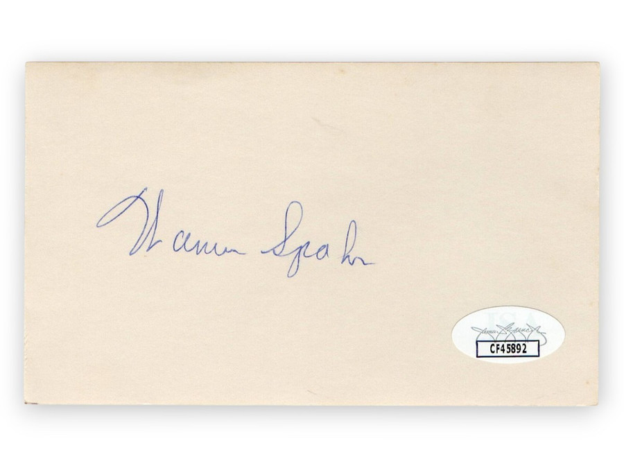 Warren Spahn Signed Autographed 3X5 Index Card Braves Hall of Famer JSA CF45892