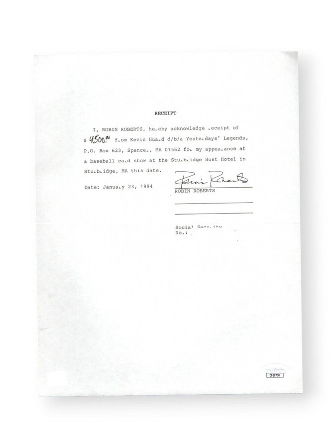 Robin Roberts Signed Autographed Appearance Receipt Phillies 1994 JSA CB19750