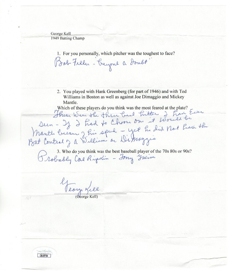 George Kell Signed Autographed Questionnaire Tigers HOFer 2007 JSA CB19754
