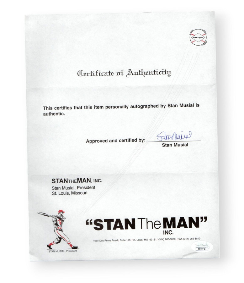 Stan Musial Signed Autographed Certificate Cardinals HOFer JSA CB19758