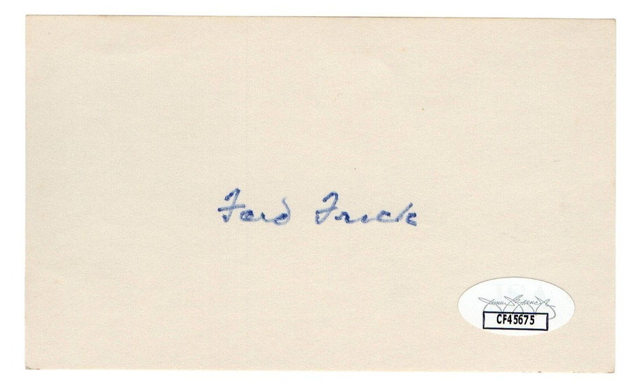 Ford Frick Signed Autographed 3X5 Index Card Baseball Commissioner JSA CF45675