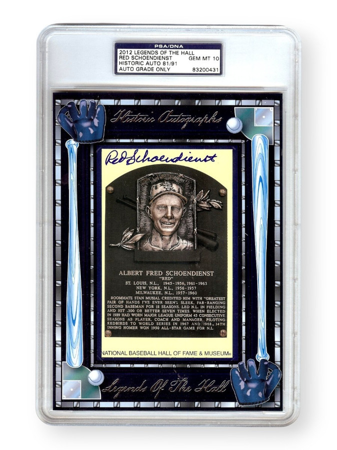 Red Schoendienst Signed Autograph Hall of Fame Postcard Auto Grade 10 PSA 81/91