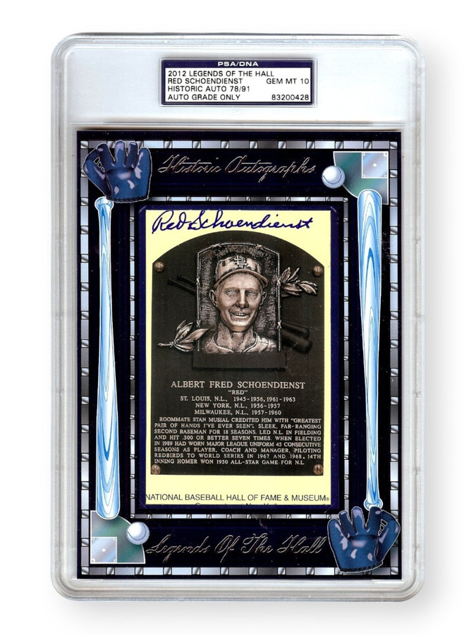 Red Schoendienst Signed Autograph Hall of Fame Postcard Auto Grade 10 PSA 78/91