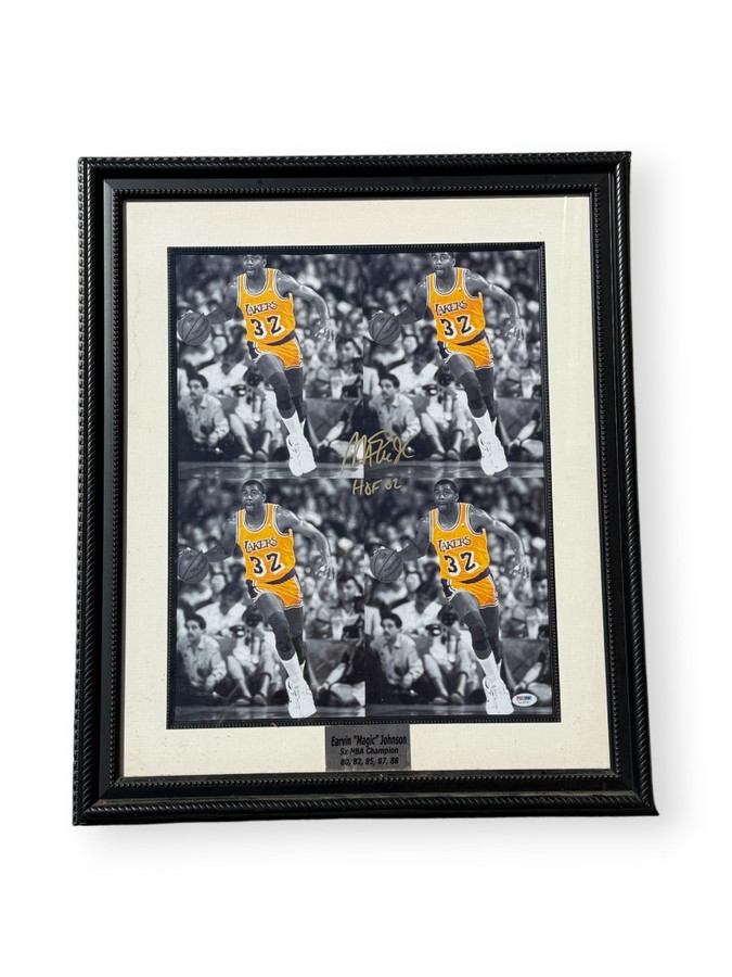 Magic Johnson Signed Autographed 16zx20 Photo "HOF 02" Lakers Framed PSA 7A15797