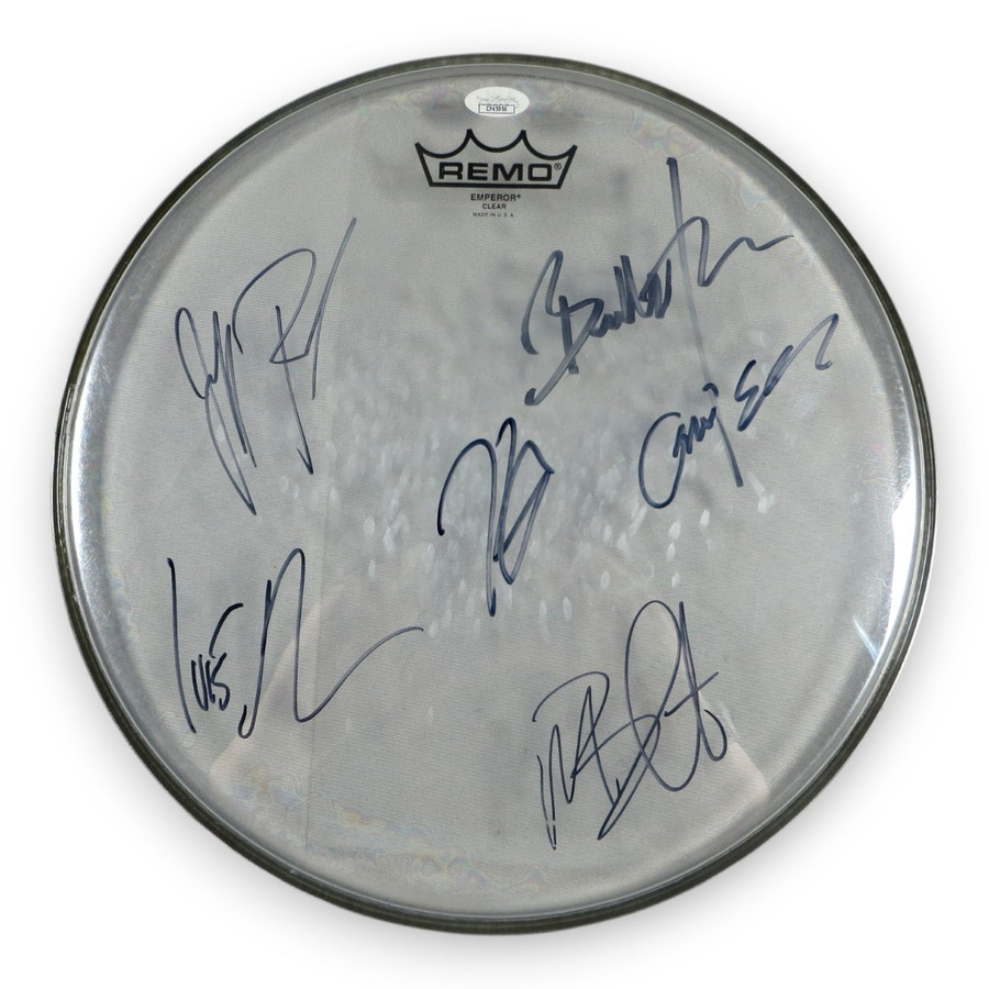 Foreigner Band Autographed 13" Drumhead Used Maldonado Pilson +4 JSA CF45956